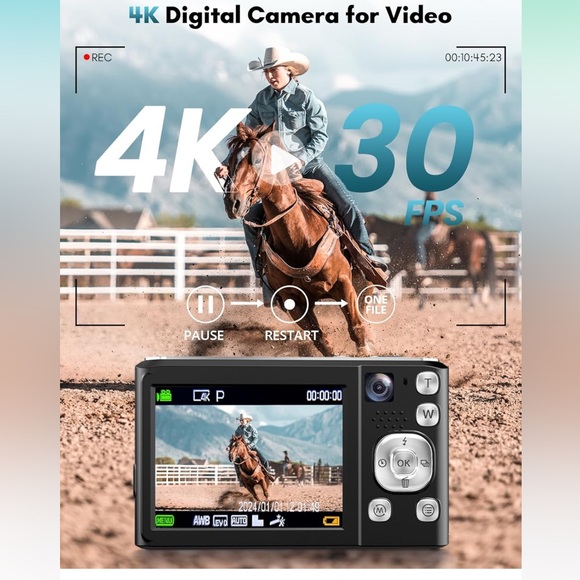 4K Digital Camera, 48MP Autofocus 16X Zoom W 32GB SD Card,Anti-Shake,2 Batteries - Picture 2 of 8